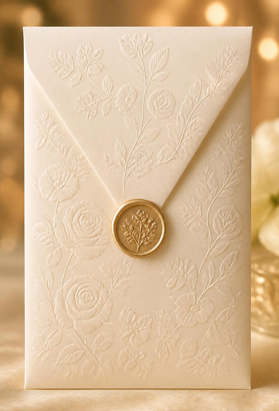 Ivory envelope wedding invitation with a gold wax seal