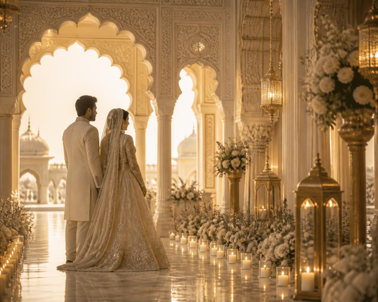 The couple beneath ornate ivory arches