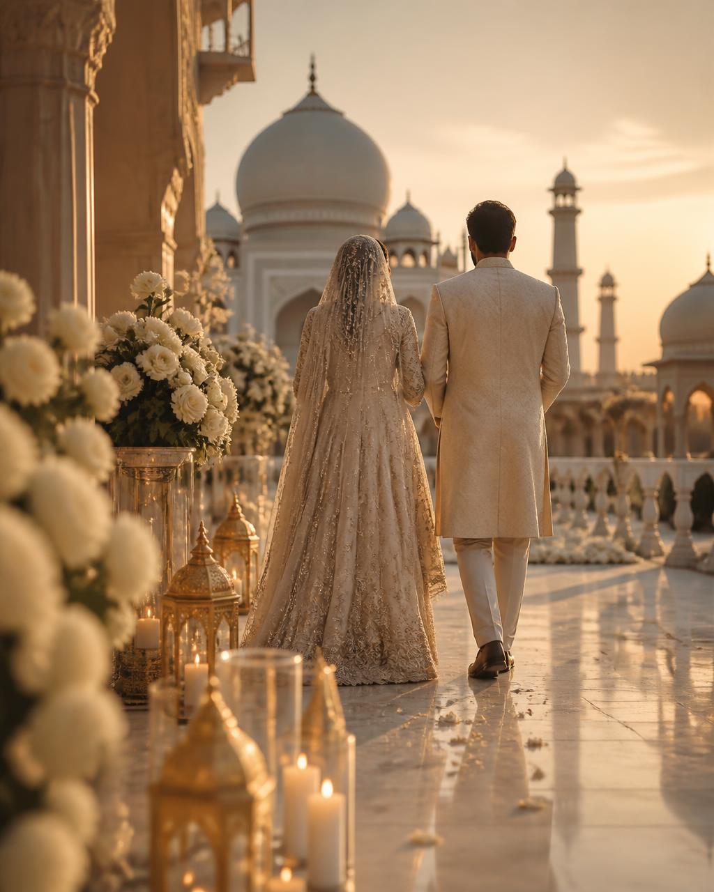 The couple walking through a courtyard lined with candles and white flowers