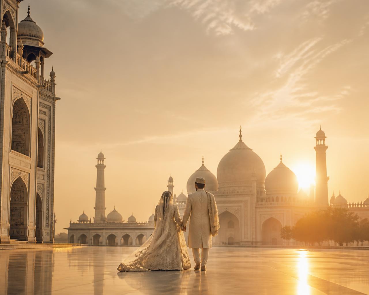 The couple at golden hour before Mughal architecture